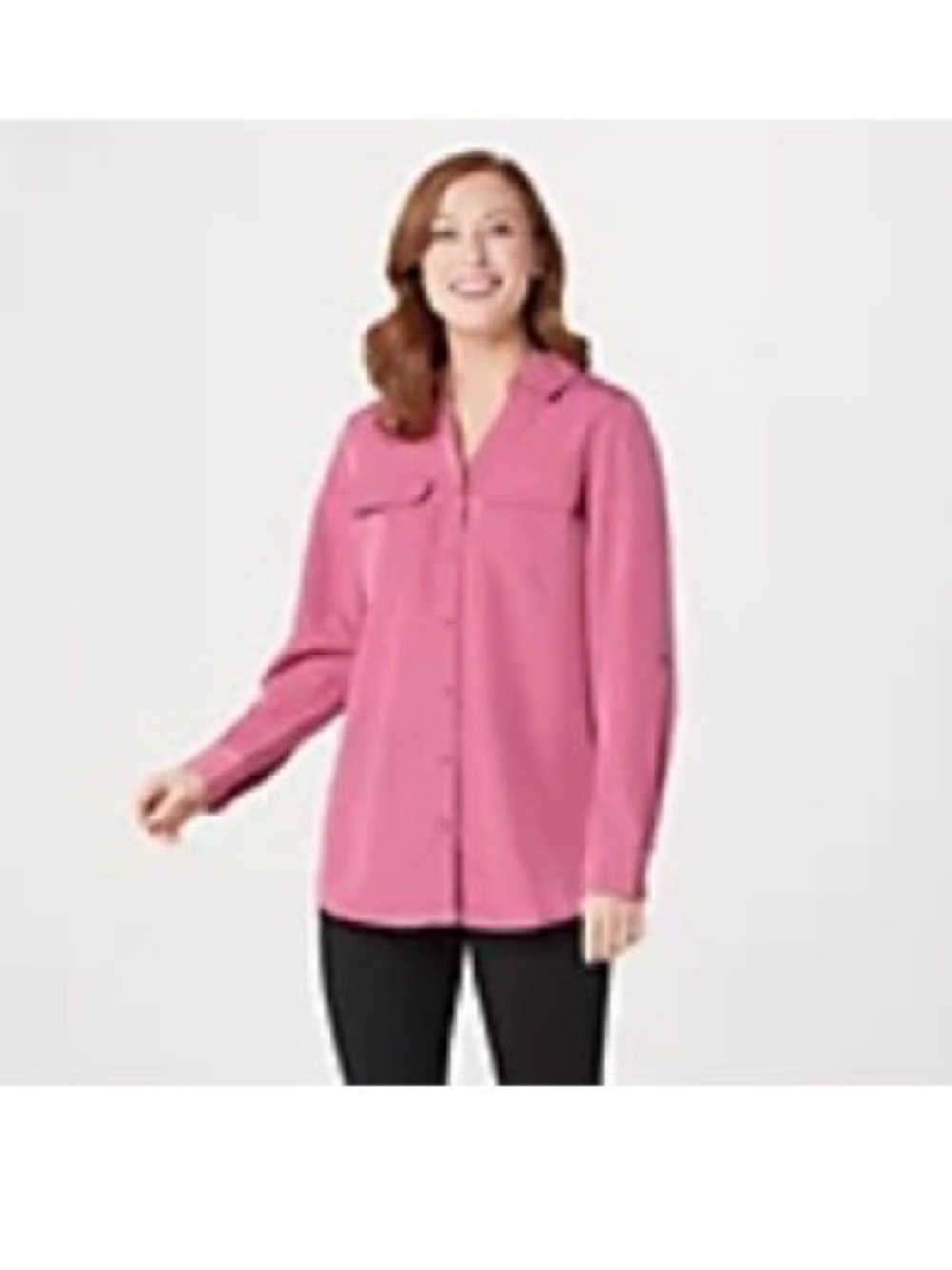 Denim & Co Roll Tab Sleeve Button Front Soft Utility Tunic 1X Berry